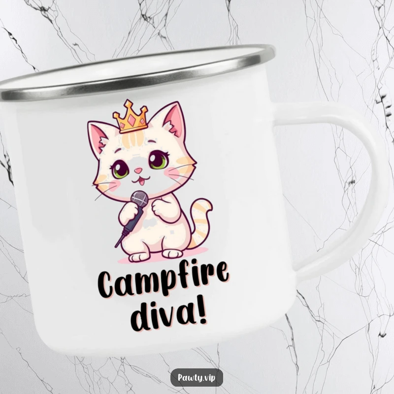 Funny Cat Camping Mug featuring a cat in a sparkly crown and microphone, bringing star quality to the campsite.