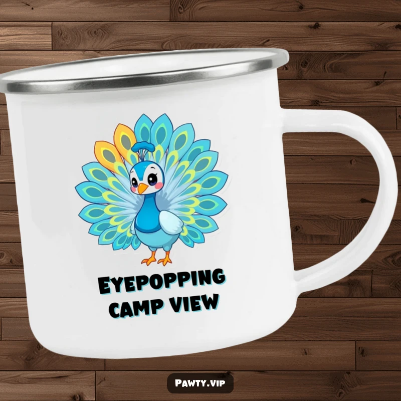 Funny peacock camping mug, a durable outdoor mug with a proud peacock fanning its feathers.