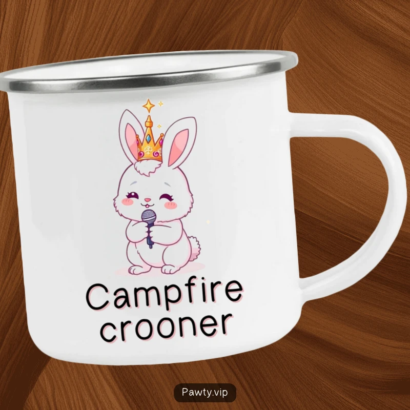 Funny bunny wearing a sparkly crown and holding a microphone, on a durable camping mug, ready for outdoor concerts and adventures with a star attitude.