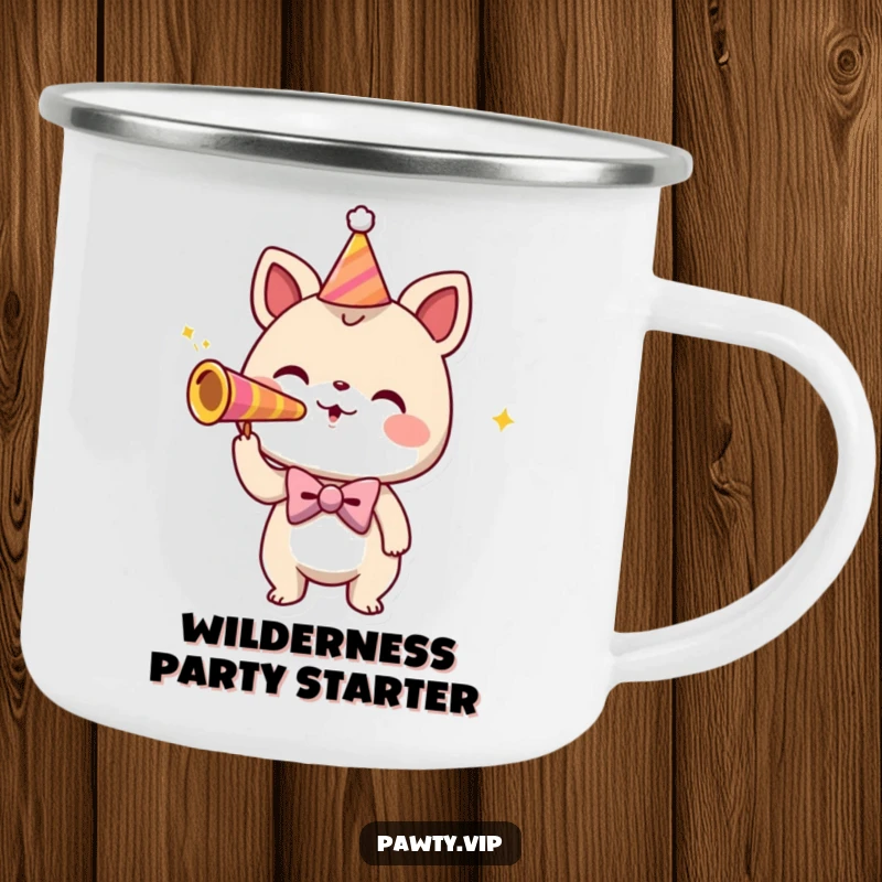 Funny camping mug featuring a playful bowtie creature blowing a party horn, ready for an outdoor celebration.