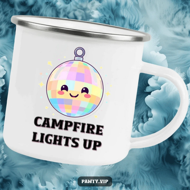 Funny disco ball character with a smiling face and colorful lights, on a durable camping mug, perfect for enjoying drinks during outdoor parties.