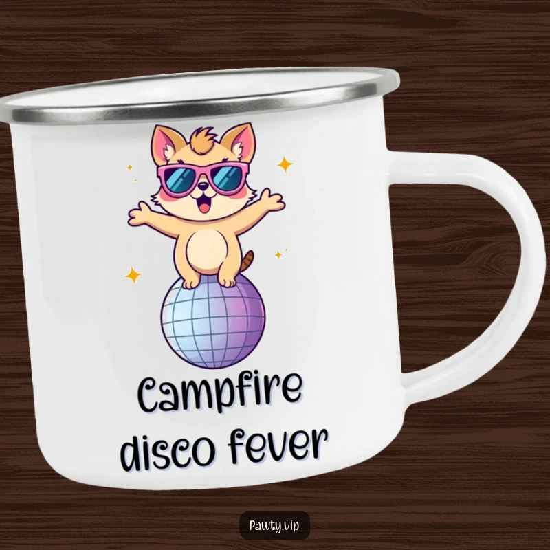 Funny camping mug with an animal character in oversized sunglasses dancing on a disco ball in a starry setting.
