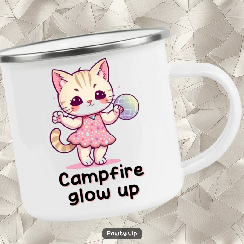 Funny cat character in a sequined dress dancing with a disco ball on a camping mug, ready for outdoor festivities.