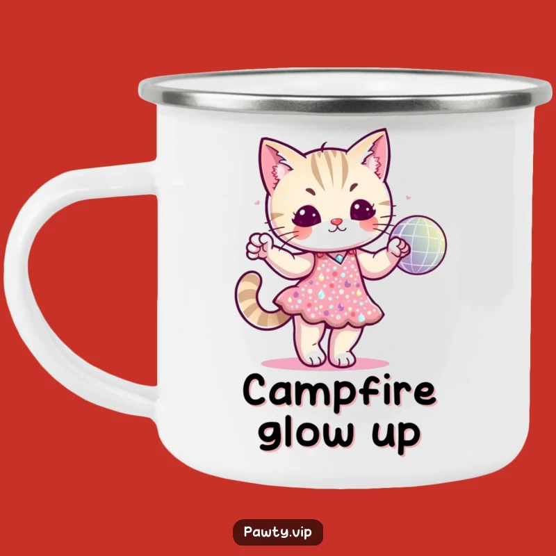 Funny Disco Cat Sequin Dress Camping Mug: Party Under the Stars