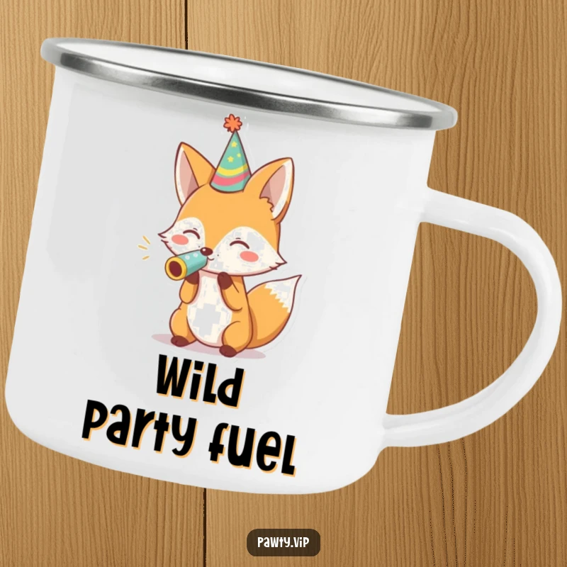 Funny fox in a party hat blowing a noisemaker on a camping mug, ready for outdoor celebrations and laughter.