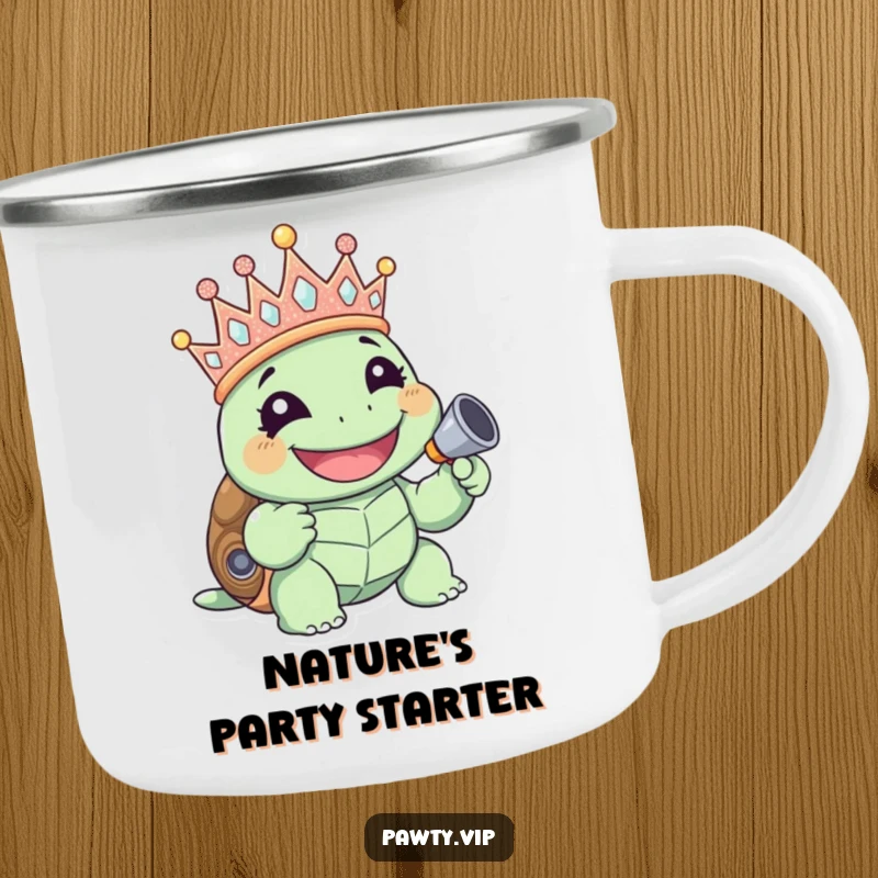 Funny giggling turtle wearing a glittery crown and holding a noisemaker, on a camping mug, great funny gift.