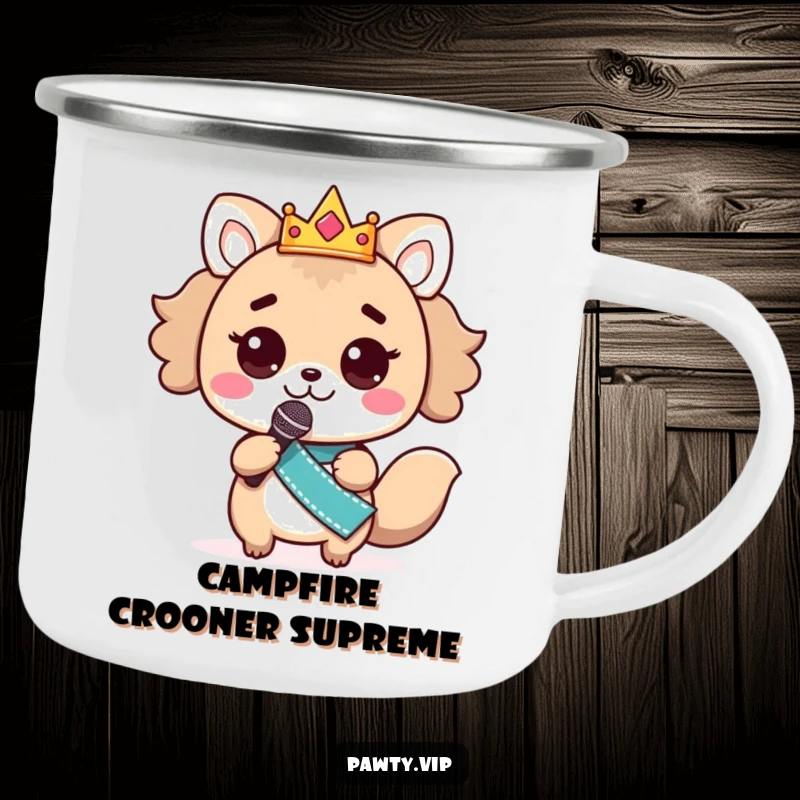 Funny kawaii animal character, crowned, holding a microphone, singing by a campfire on a sturdy funny camping mug.