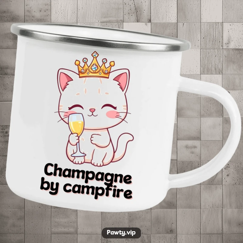 Funny Kawaii cat in a sparkling crown, holding a champagne flute, on a rugged enamel camping mug, ready for any adventure.
