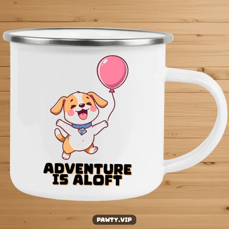 Funny Kawaii dog with a diamond collar, jumping for a balloon, on a rugged enamel camping mug, ready for any adventure.