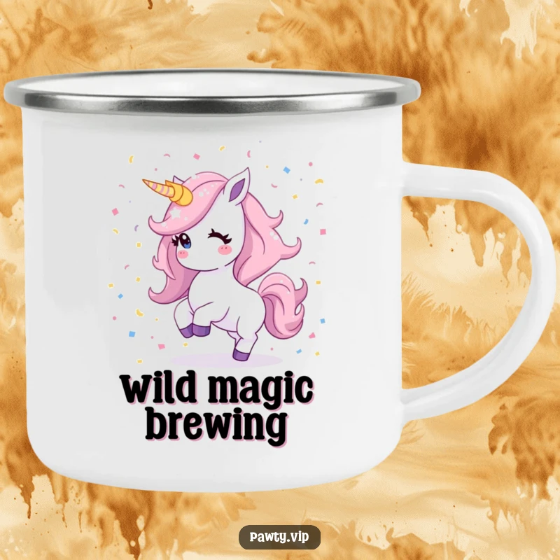 Funny Kawaii unicorn camping mug featuring a shimmering mane dancing in a confetti shower, designed for starlit adventures and magical journeys.