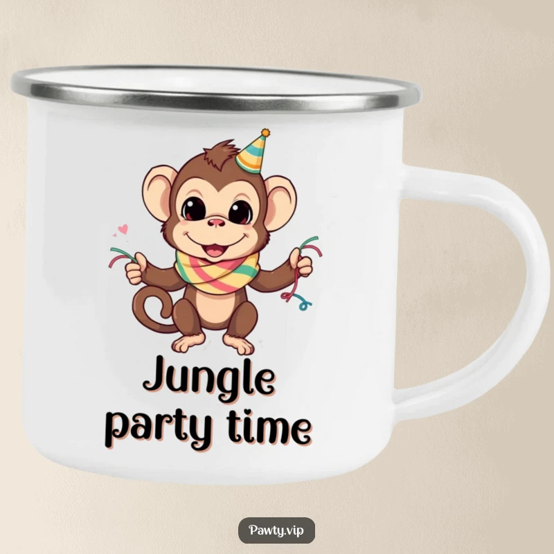 Funny monkey wearing a party streamer scarf, featured on a durable camping mug, perfect for a funny gift.