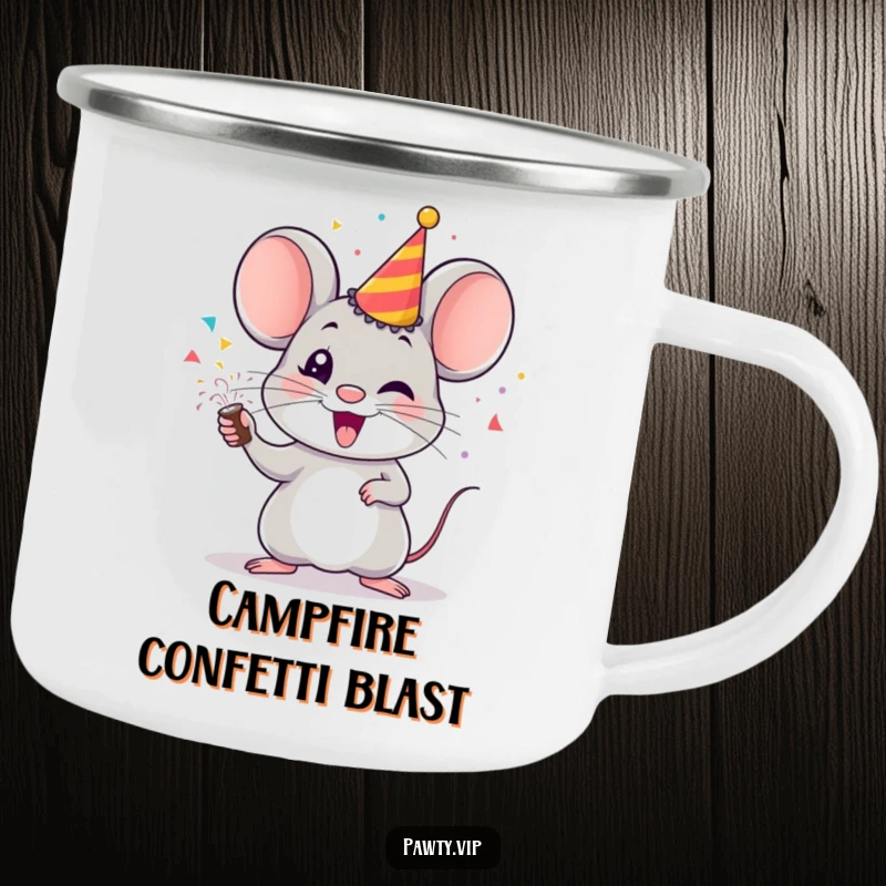 Funny mouse camping mug, a sturdy outdoor mug with a cheerful mouse firing a party popper.