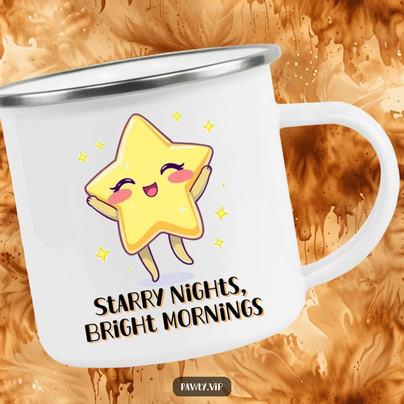 Funny Camping Mug featuring a sparkly star character winking and doing a jig, perfect for outdoor adventures.