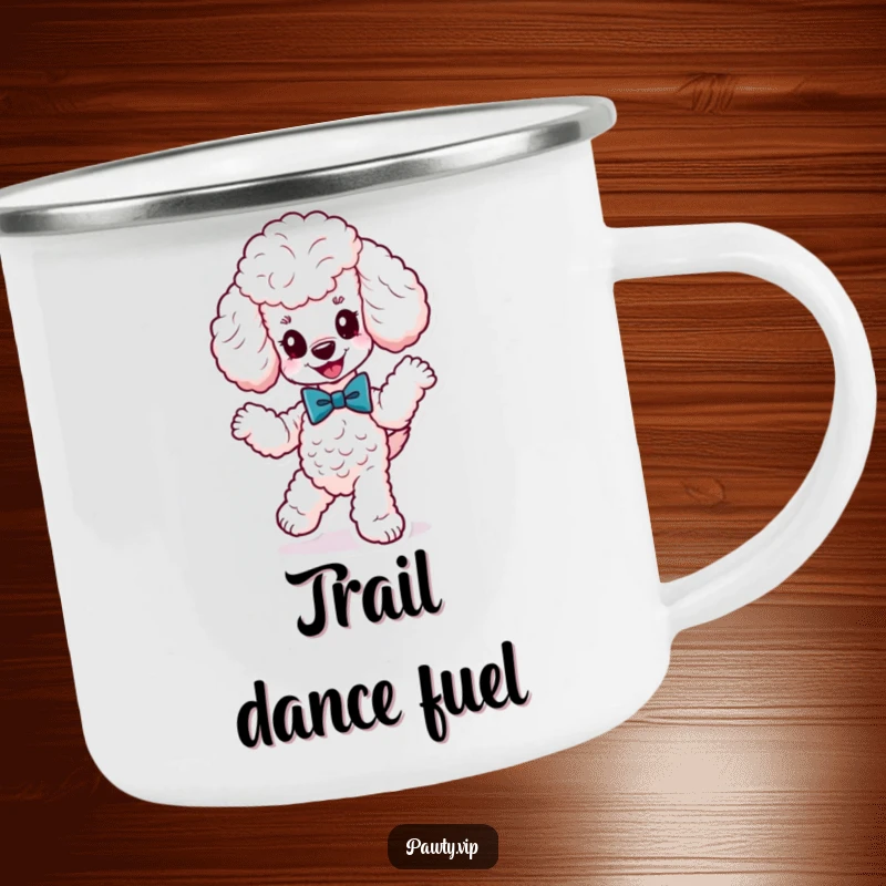 Funny cute poodle wearing a fancy bow tie, dancing energetically, on a durable camping mug, ideal for enjoying beverages during stylish outdoor adventures.