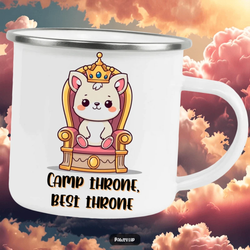 Funny camping mug featuring a cute crowned animal character sitting majestically on a throne under the stars.
