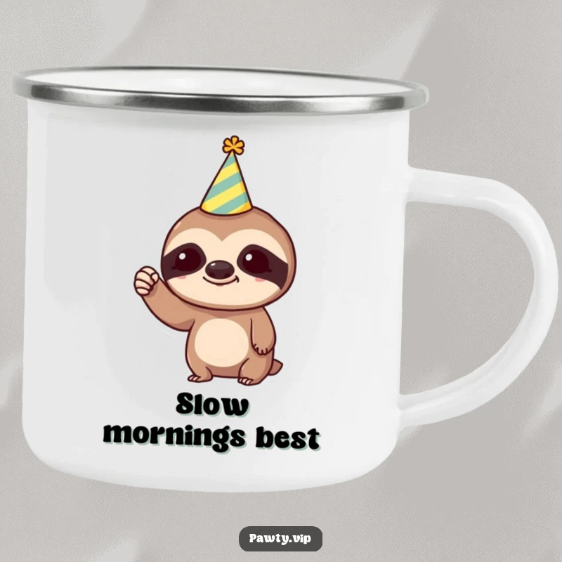 Funny Camping Mug: Trendy sloth in a party hat, humorously raising a tiny fist, perfect for outdoor brews and slow-paced adventures.