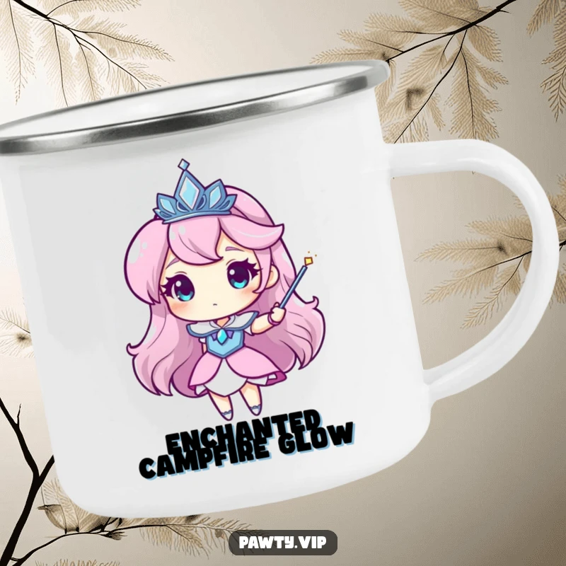 Funny tiara camping mug with a character wearing a sparkling tiara and waving a magic wand, perfect for outdoor trips.