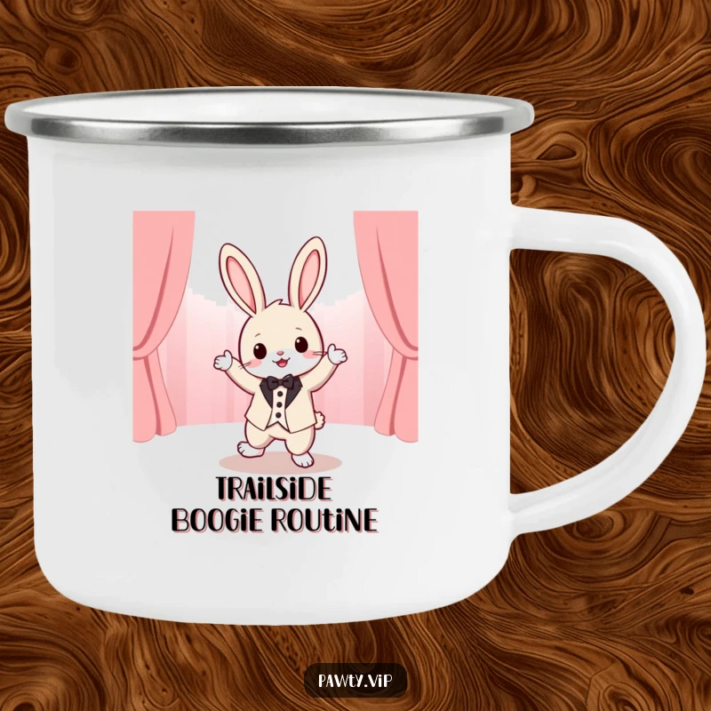 Funny tuxedo rabbit character dancing lively on a stage, depicted on a durable camping mug for humorous outdoor enjoyment.