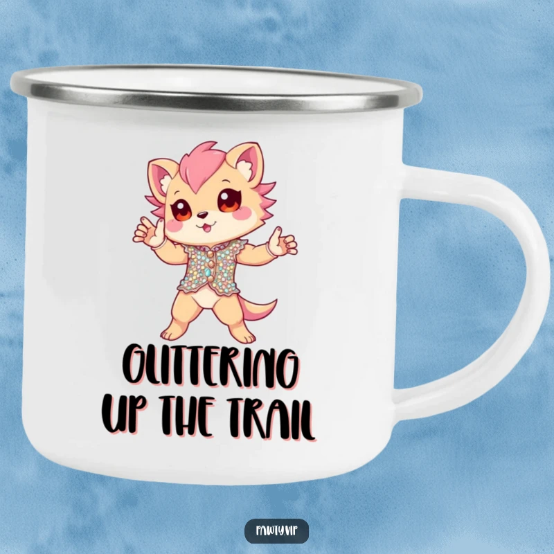 Funny Camping Mug depicting a creature in a glittering sequined outfit, striking a dramatic pose. Durable and hilarious for outdoor enthusiasts.