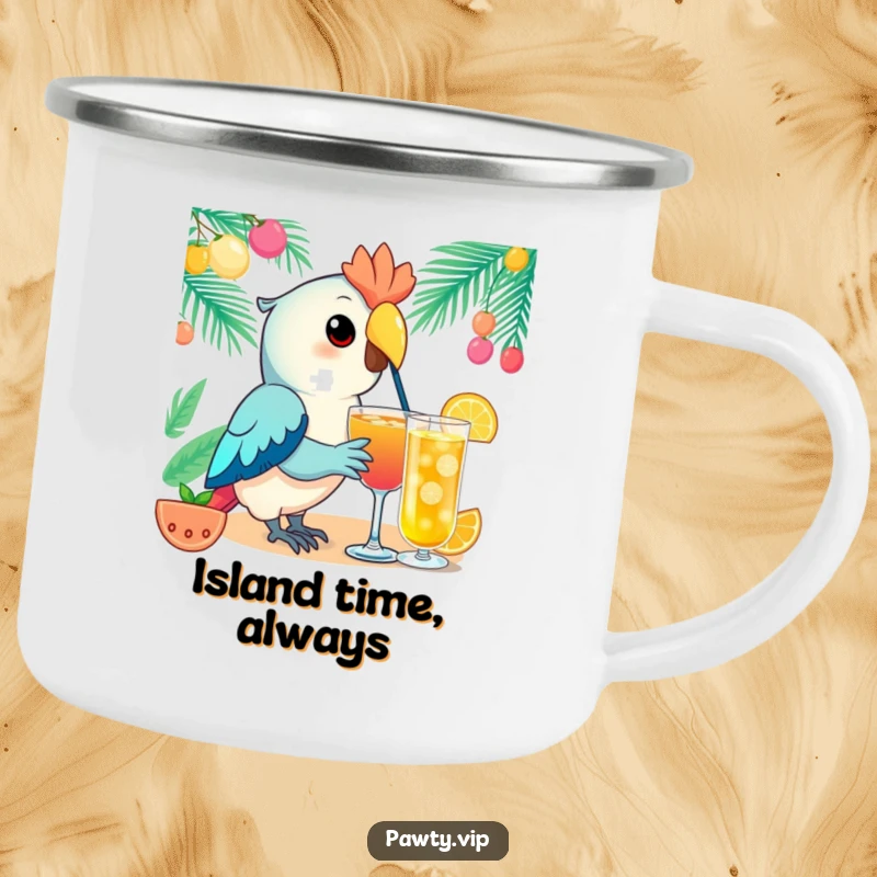 Funny Kawaii parrot camping mug featuring an elegant parrot character sipping a festive drink, designed for cheerful outdoor enjoyment.