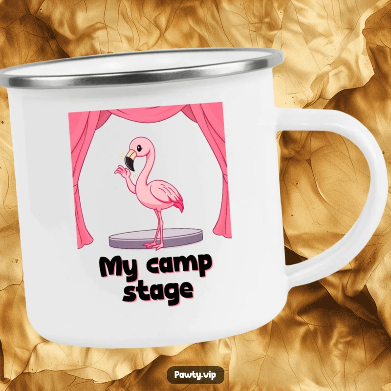 Funny Kawaii flamingo character on a camping mug, striking a pose for the wilderness stage.