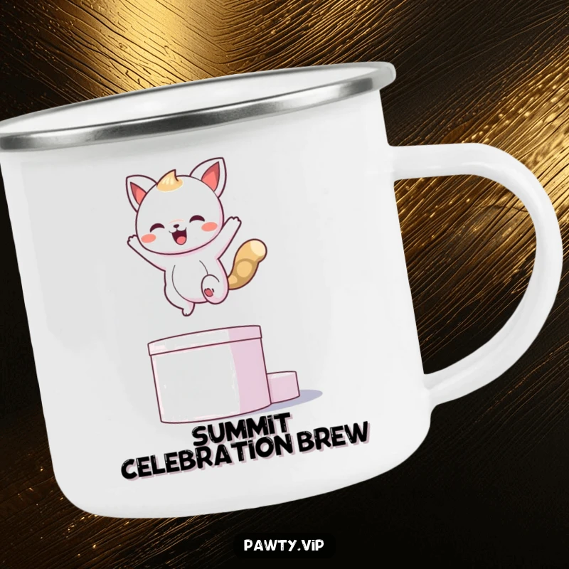 Funny kawaii animal character striking a pose on a podium, ready to celebrate, on a funny camping mug.