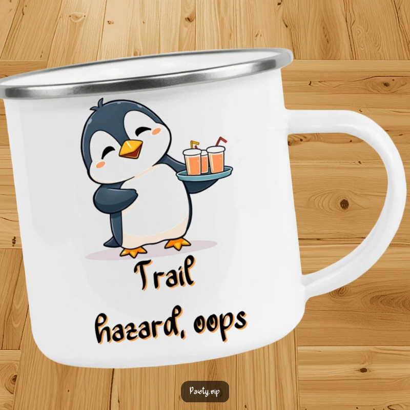 Funny camping mug featuring a flustered penguin tripping slightly while holding a tray of drinks, designed for ruggedness and humorous outdoor enjoyment.