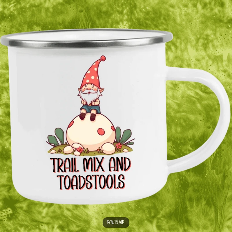 Funny Camping Mug featuring a cheerful gnome in a party hat riding a giant mushroom, perfect for outdoor adventures.