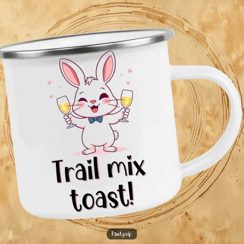 Funny Juggling Rabbit Camping Mug featuring a rabbit juggling champagne glasses, perfect for adventuring with festive humor.