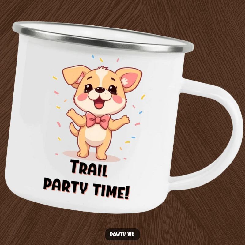 Funny Dog Camping Mug featuring a dancing dog in a bowtie with confetti, bringing party vibes to the campsite.