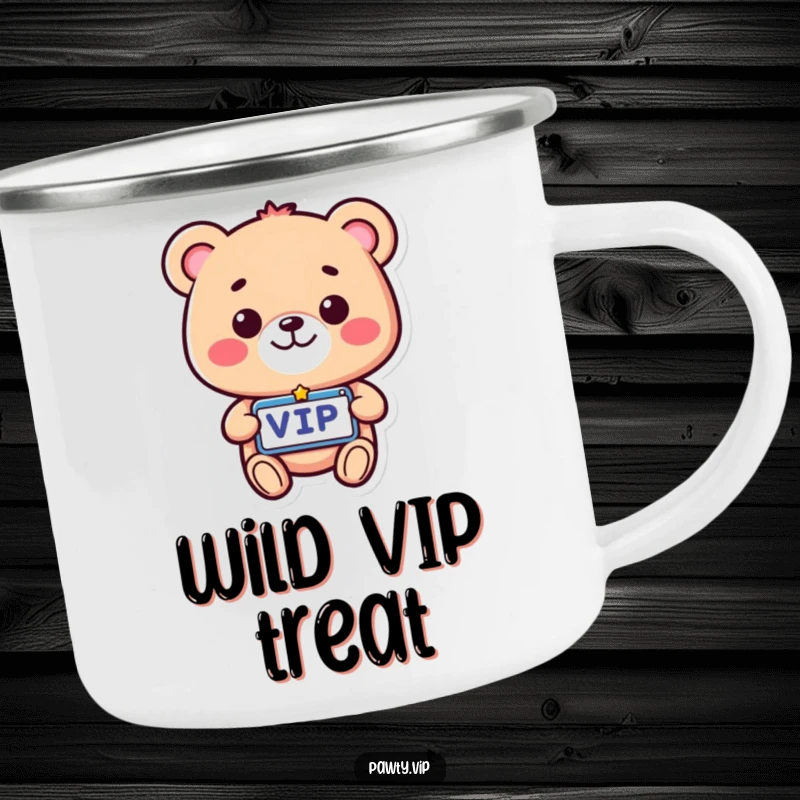 Funny VIP Bear Camping Mug featuring a beaming bear with a VIP pass, perfect for enjoying drinks outdoors with exclusive humor.