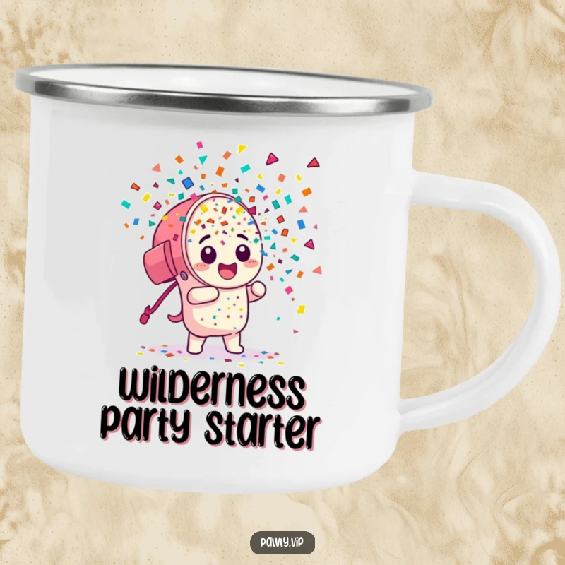 Funny Camping Mug: A sturdy mug with a confetti cannon character exploding with colorful pieces, perfect for outdoor fun.