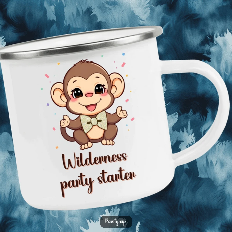 Funny Monkey Camping Mug: A dapper monkey in a glitter bow tie throws confetti, celebrating adventures with humor.