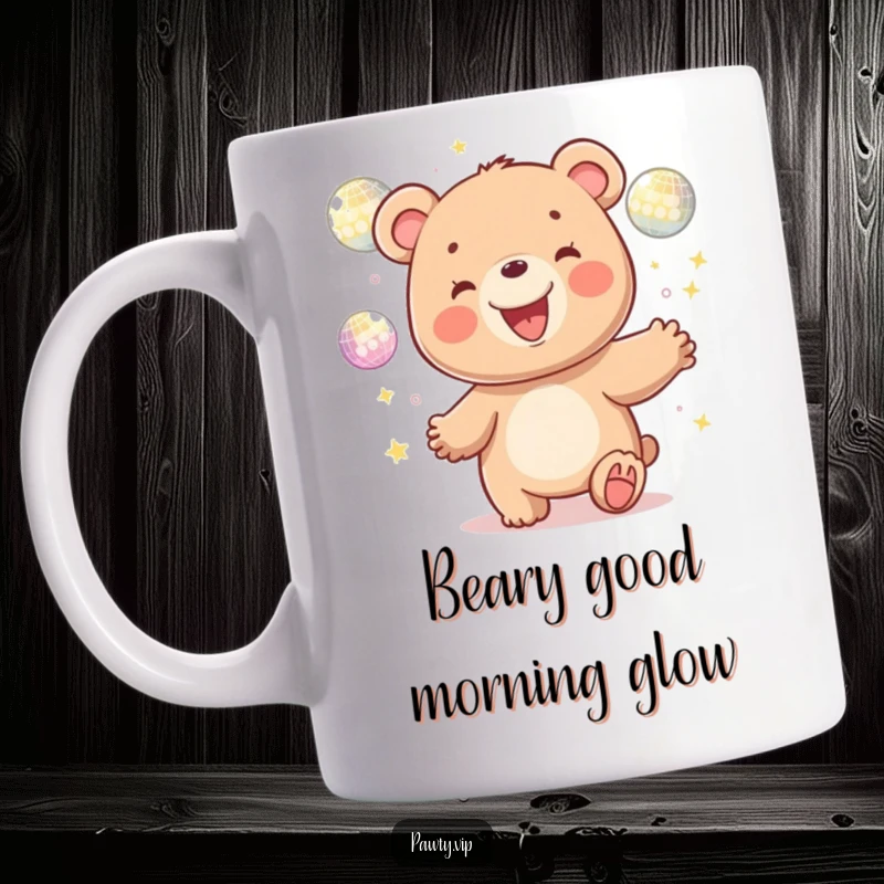 Funny kawaii bear character with a wide grin, skillfully juggling shiny disco balls on a vibrant, party-themed background.