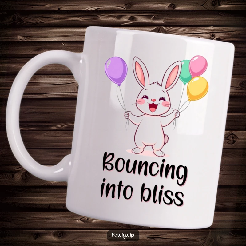 Funny Kawaii rabbit joyfully juggling colorful balloons on a mug, celebrating with a wide grin.