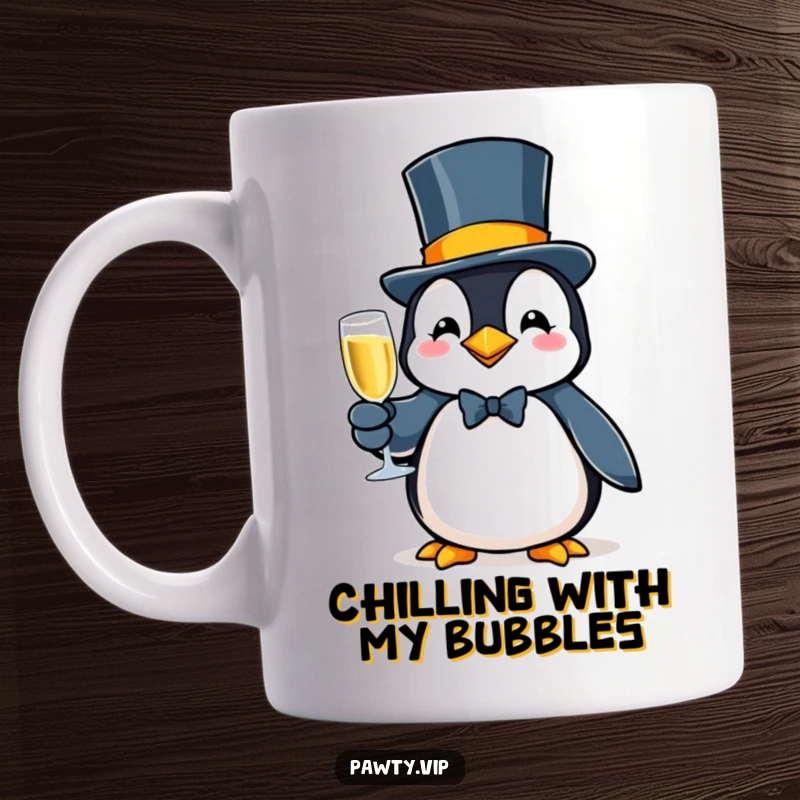 Fancy penguin character in a top hat, holding bubbly, embodying sophisticated celebration on this elegant mug.