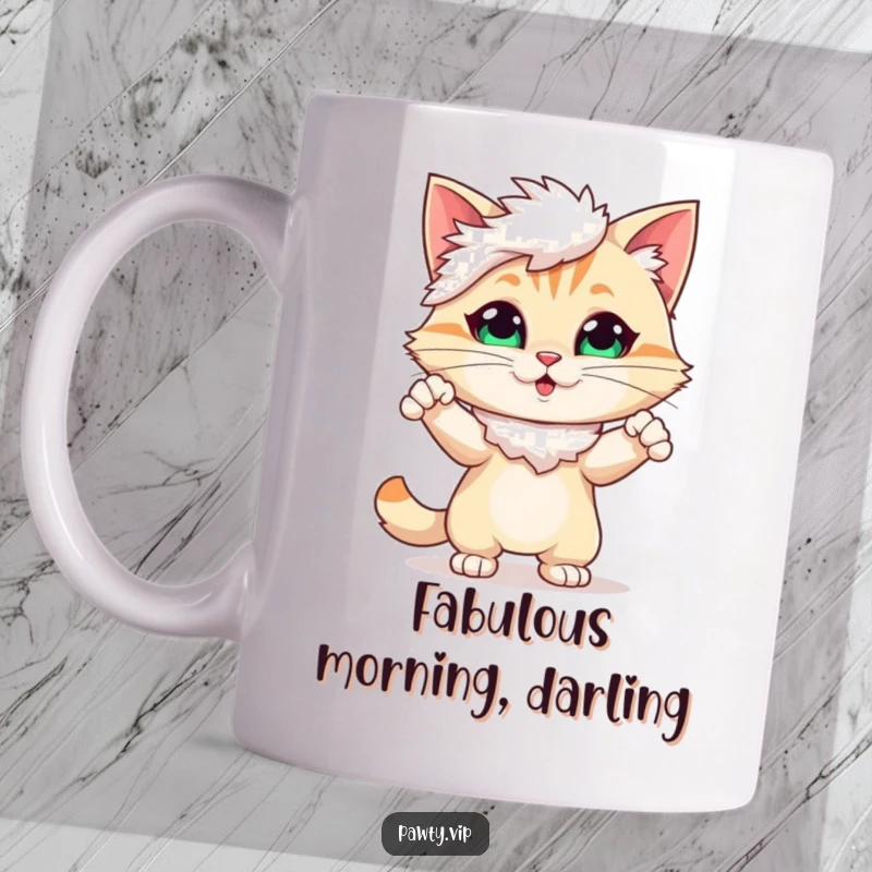 Funny Mug with a cute cat in a feather boa striking a dramatic, sassy pose, ready for the spotlight.