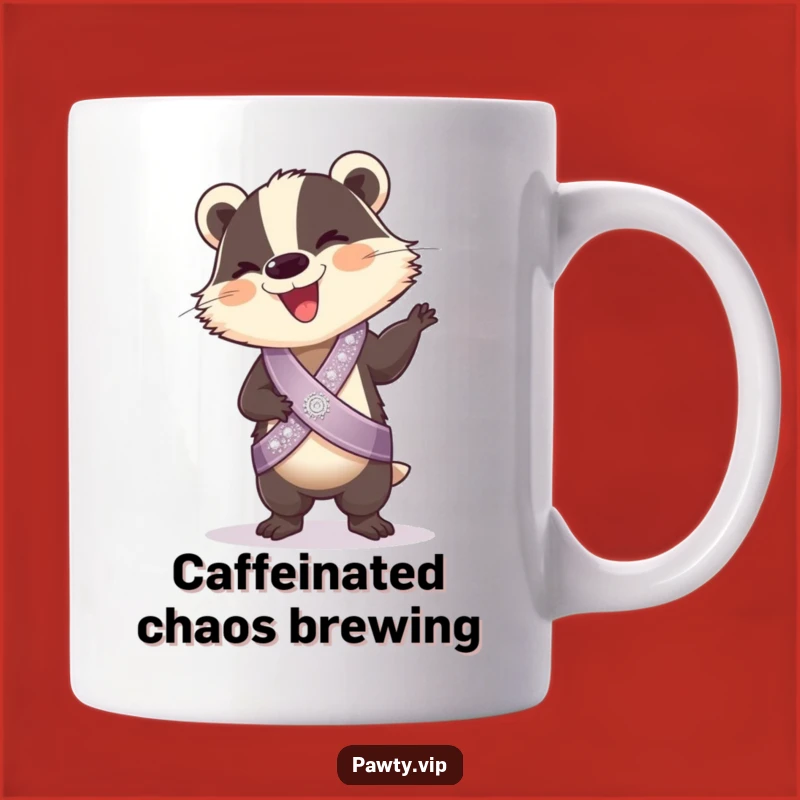 Funny Badger Dance Mug: Giggling Badger with Sash, Hilarious Party Gift for Joyful Souls