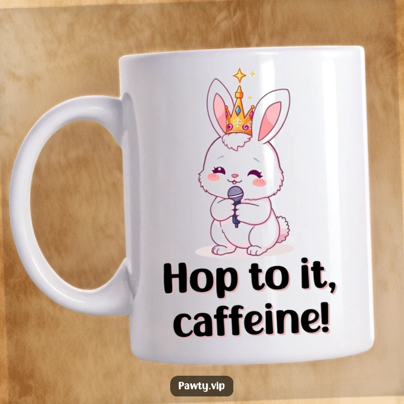 Funny fluffy bunny wearing a sparkly crown and holding a microphone, ready to perform, on a mug, exuding a playful and star-studded vibe.