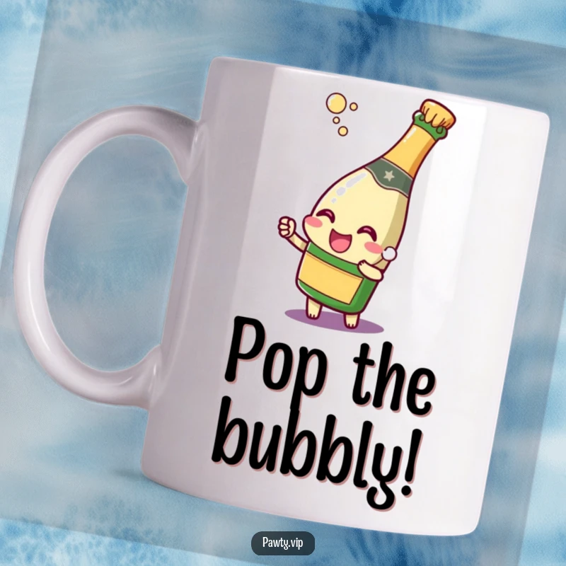 Funny champagne bottle character popping its cork with a joyful expression, depicted on a mug, radiating excitement and celebratory cheer.