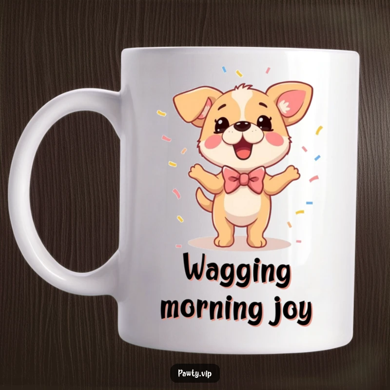 Funny Dog Dance Mug featuring a dog in a bowtie dancing joyfully amidst falling confetti, celebrating good times.