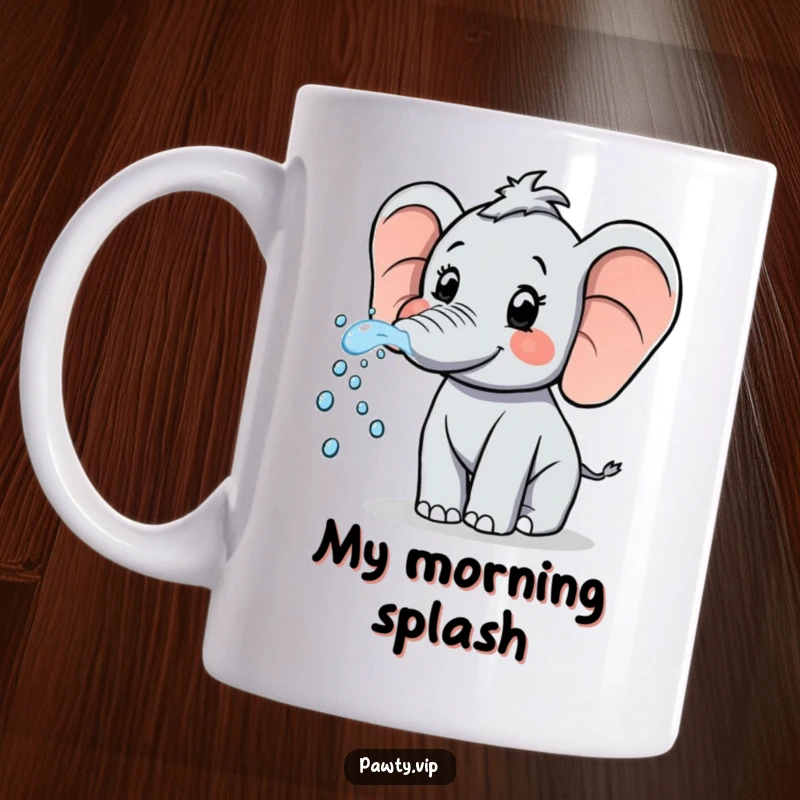Funny Elephant Mug: A playful elephant joyfully sprays sparkling water from its trunk, creating a refreshing and humorous scene.