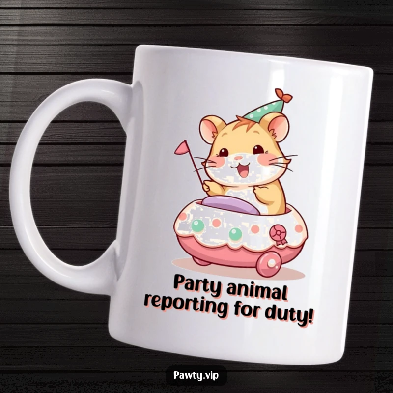 Cheerful hamster character joyfully riding a tiny, decorated party float, embodying fun and celebration on this mug.