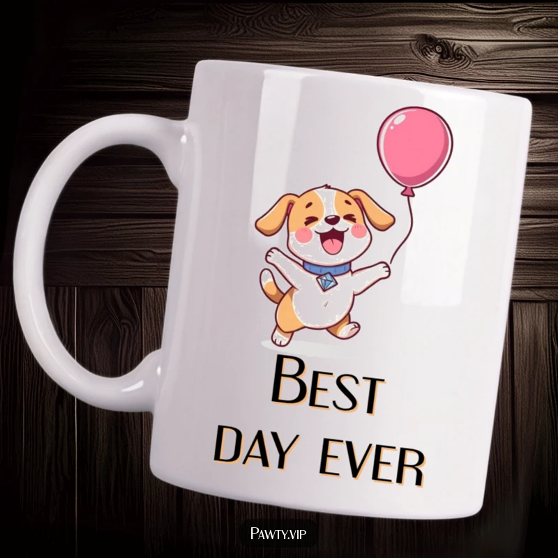 Funny Kawaii dog with a diamond collar excitedly jumping for a colorful balloon on a delightful coffee mug.