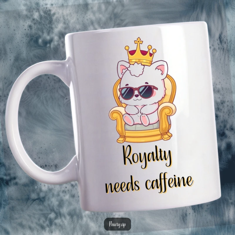 Funny kawaii animal in crown and sunglasses lounging on a tiny throne, depicted on a mug.