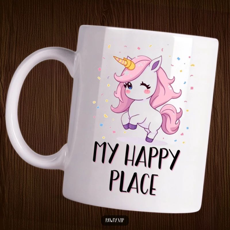 Funny Kawaii unicorn mug with a shimmering mane dancing joyfully amidst colorful confetti, capturing pure, whimsical celebration.