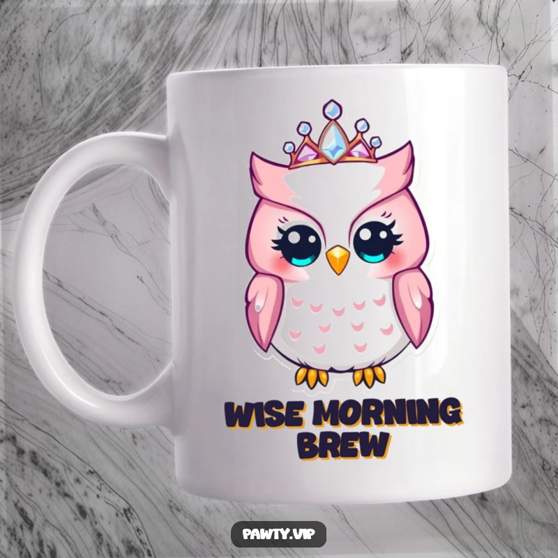 Funny Owl Mug: A delighted owl proudly wears a sparkling jeweled tiara, exuding regal humor and charm.