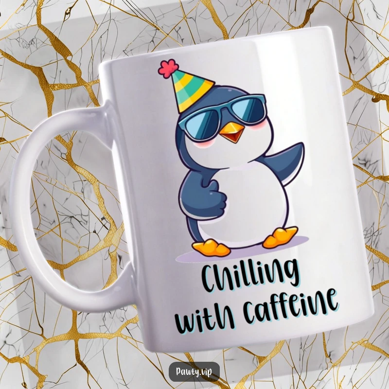 Funny kawaii penguin character wearing a party hat and sunglasses, giving a positive thumbs up gesture with a cool demeanor.