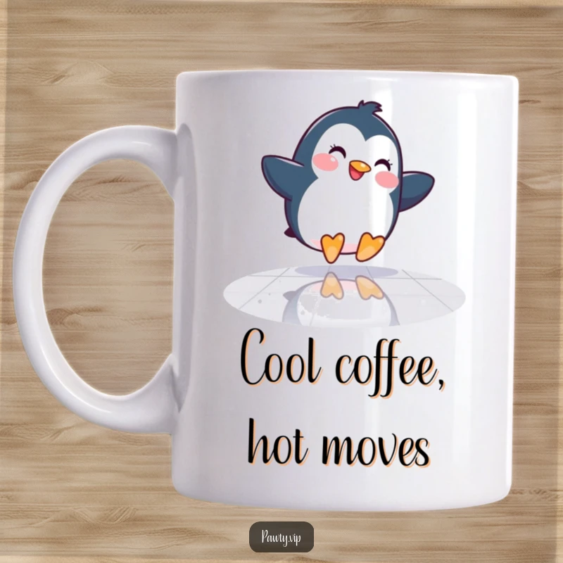 Funny Penguin Mug: A happy penguin joyfully slides across a mirrored dance floor, showcasing its cool dance moves.