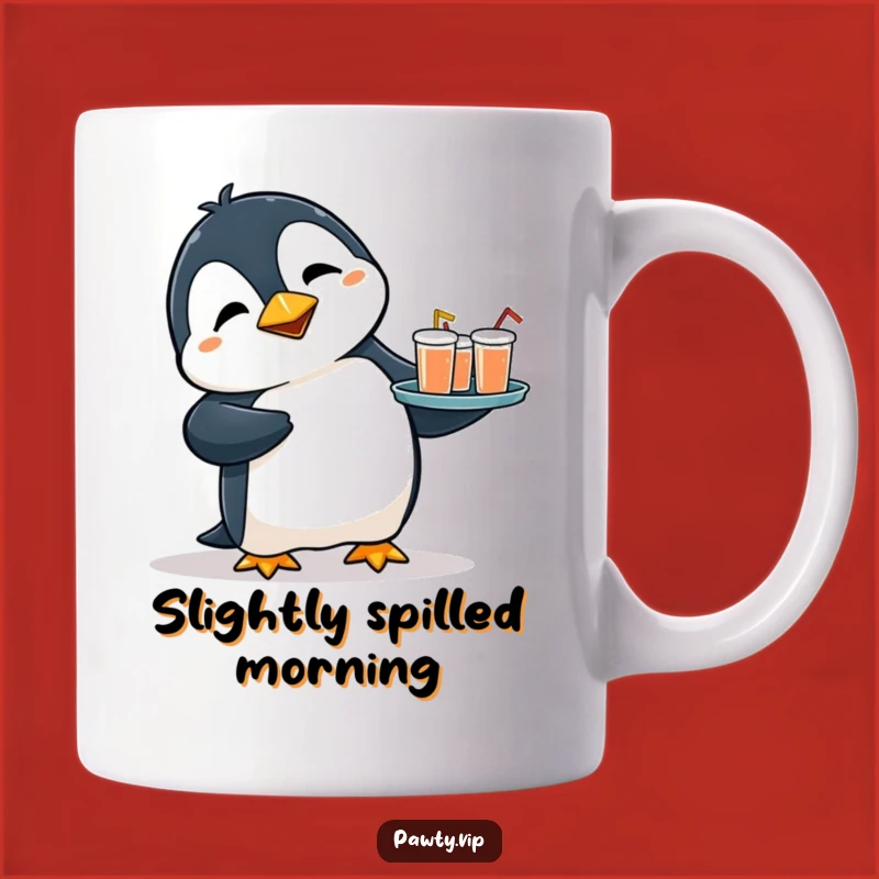 Funny Penguin Drinks Mug: Flustered Penguin Tripping with Tray, Perfect Bartender Gift